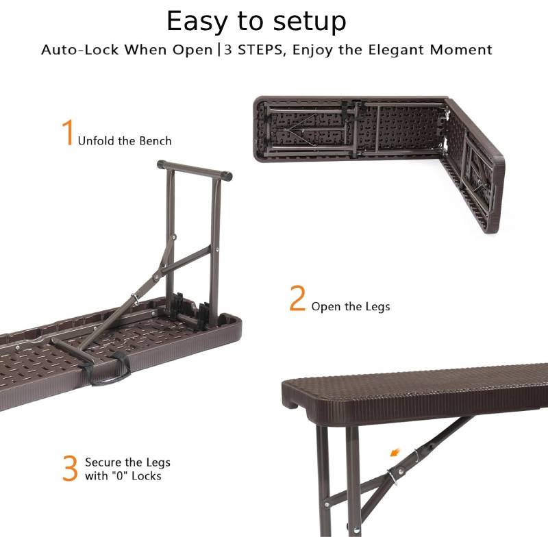 6 Feet Rattan Design Plastic Folding Bench for Camping 